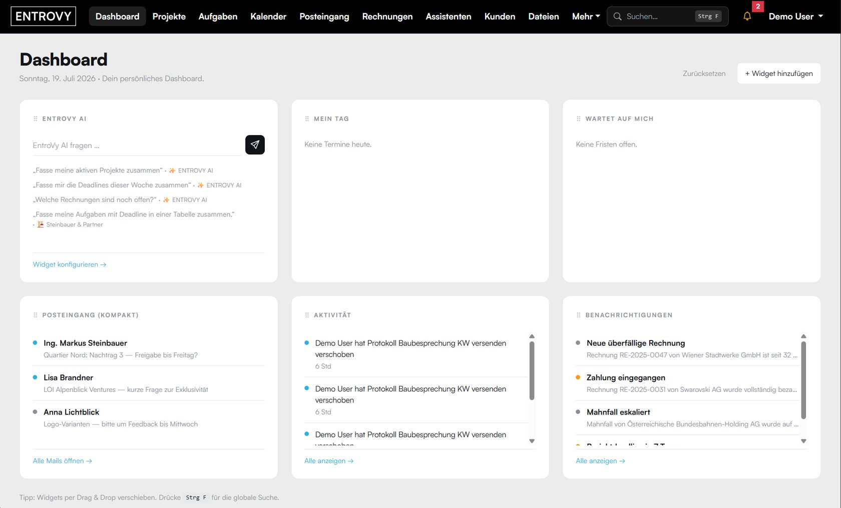 ENTROVY Studio Dashboard mit Widgets: ENTROVY AI, Mein Tag, Fristen, Posteingang, Aktivität und Benachrichtigungen.