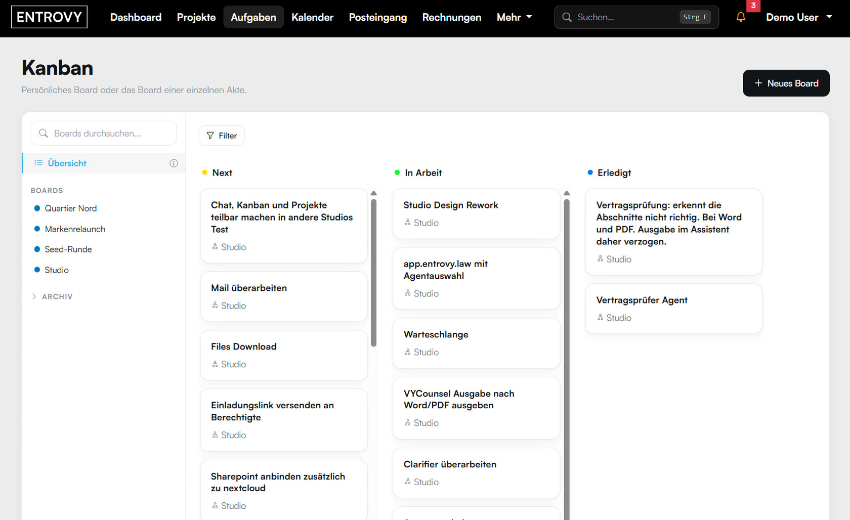ENTROVY Studio Kanban‑Board mit Spalten von Next über In Arbeit bis Erledigt.