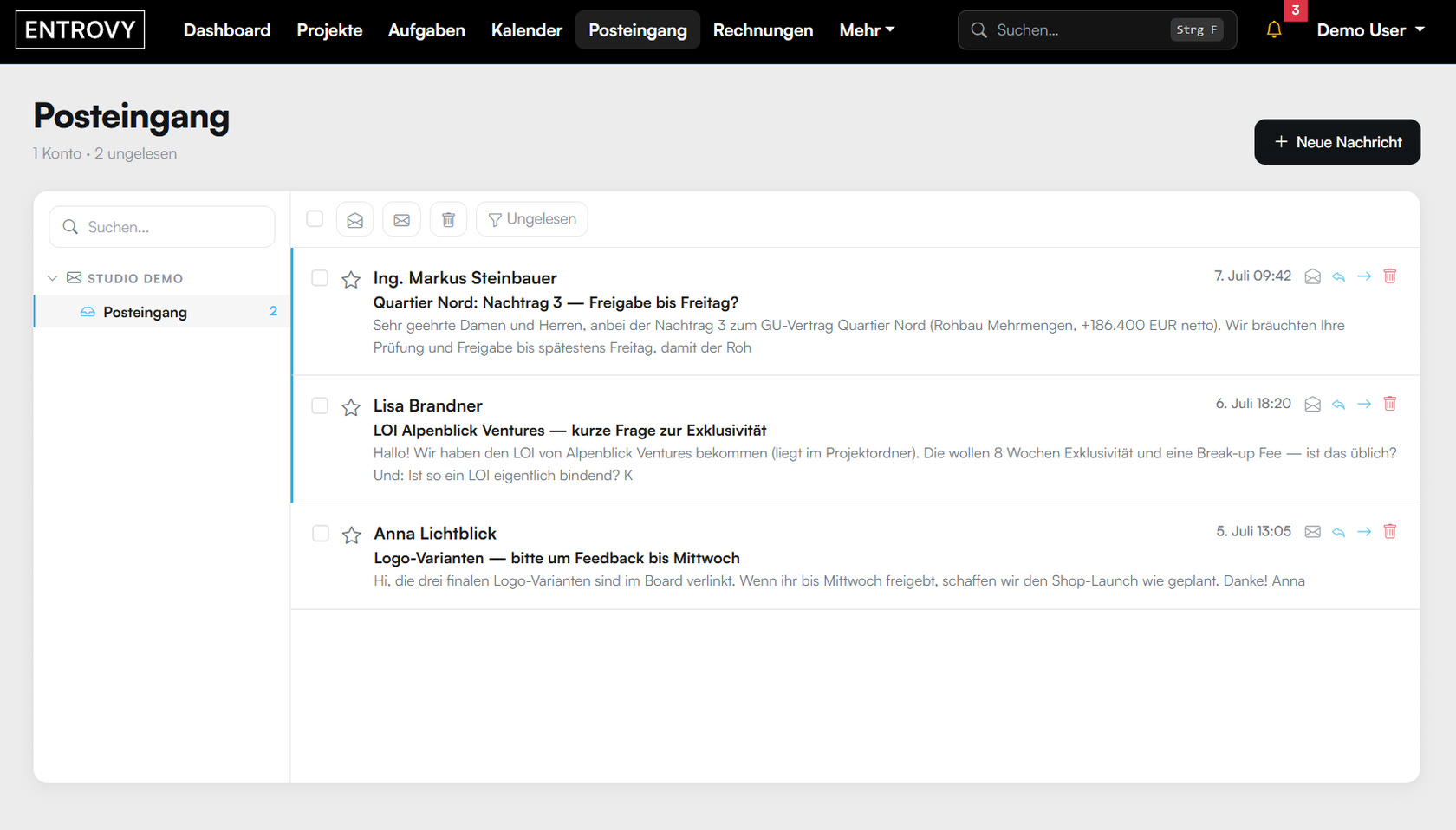 ENTROVY Studio Posteingang mit mehreren E‑Mails und Vorschau.