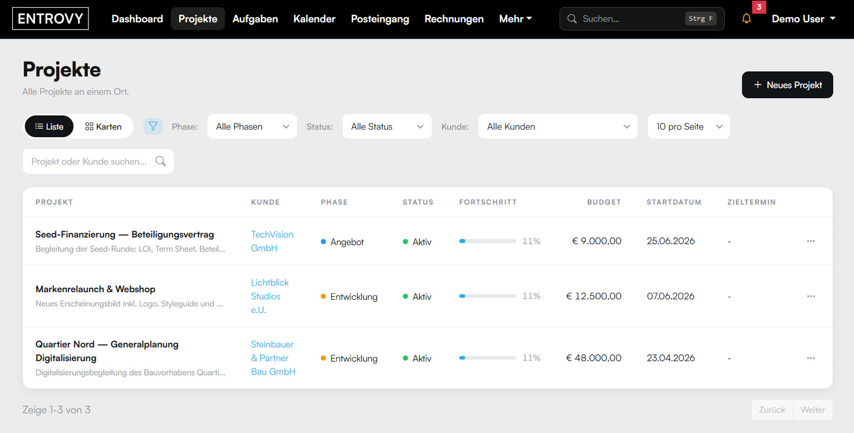 ENTROVY Studio Projekt‑ und Aktenliste mit Phase, Status, Fortschritt und Budget.